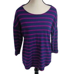 Ann Taylor Womens Striped Knit Top 3/4 Sleeve Scoop Neck Blue Purple Size M